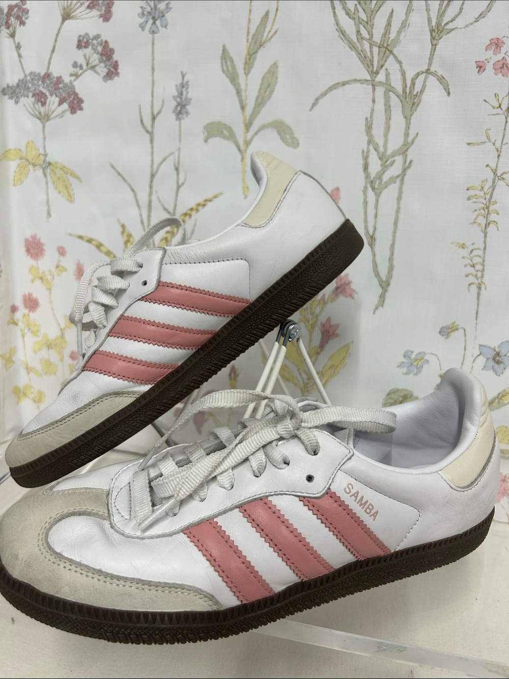 adidas Samba Sneakers - White with Pink Stripes and Brown Sole - Picture 2 of 14